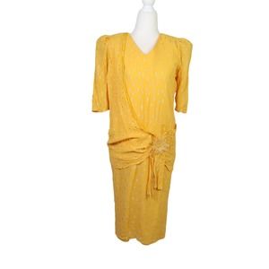Vintage 80s Cream Purse yellow silk and metallic silver midi party dress M
